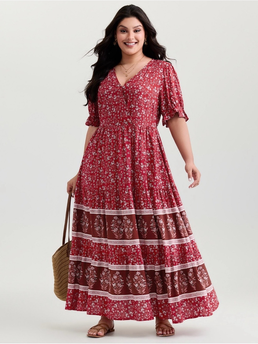Bloomchic Plus Size Red Floral V-Neck Maxi Dress